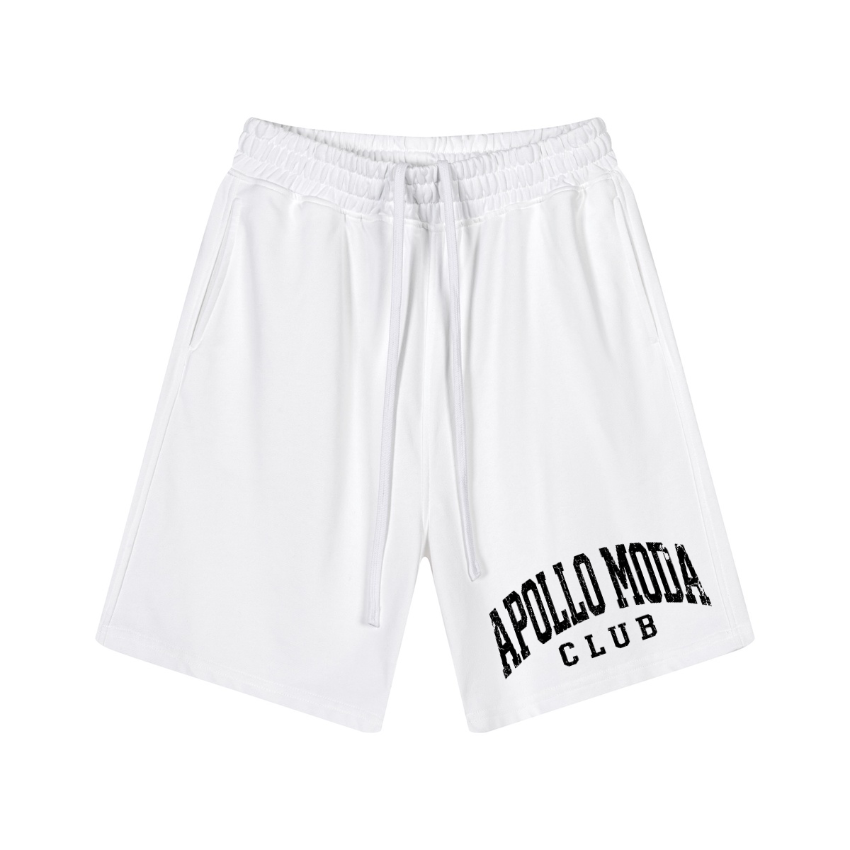 Club Collegiate sweat shorts in white by Apollo Moda, front view