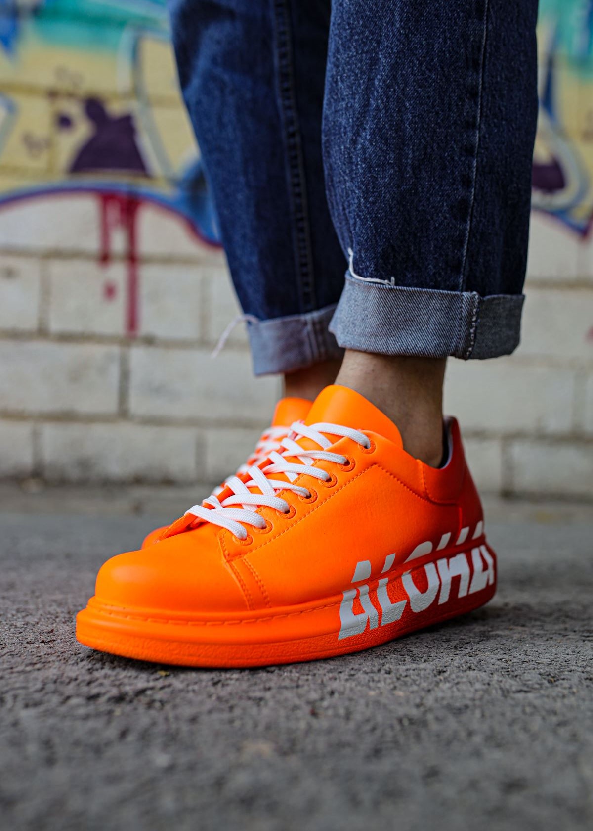 Aloha Sunrise hand-painted custom sneaker in orange by Apollo Moda, view 4