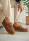 Men's Arden Chestnut by Apollo Moda, chestnut suede buckle slip-on with faux fur lining, third angle