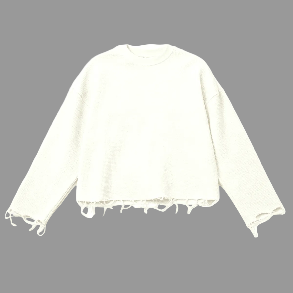 Waffle Knit Distressed Hem Oversized Crewneck Long-Sleeve