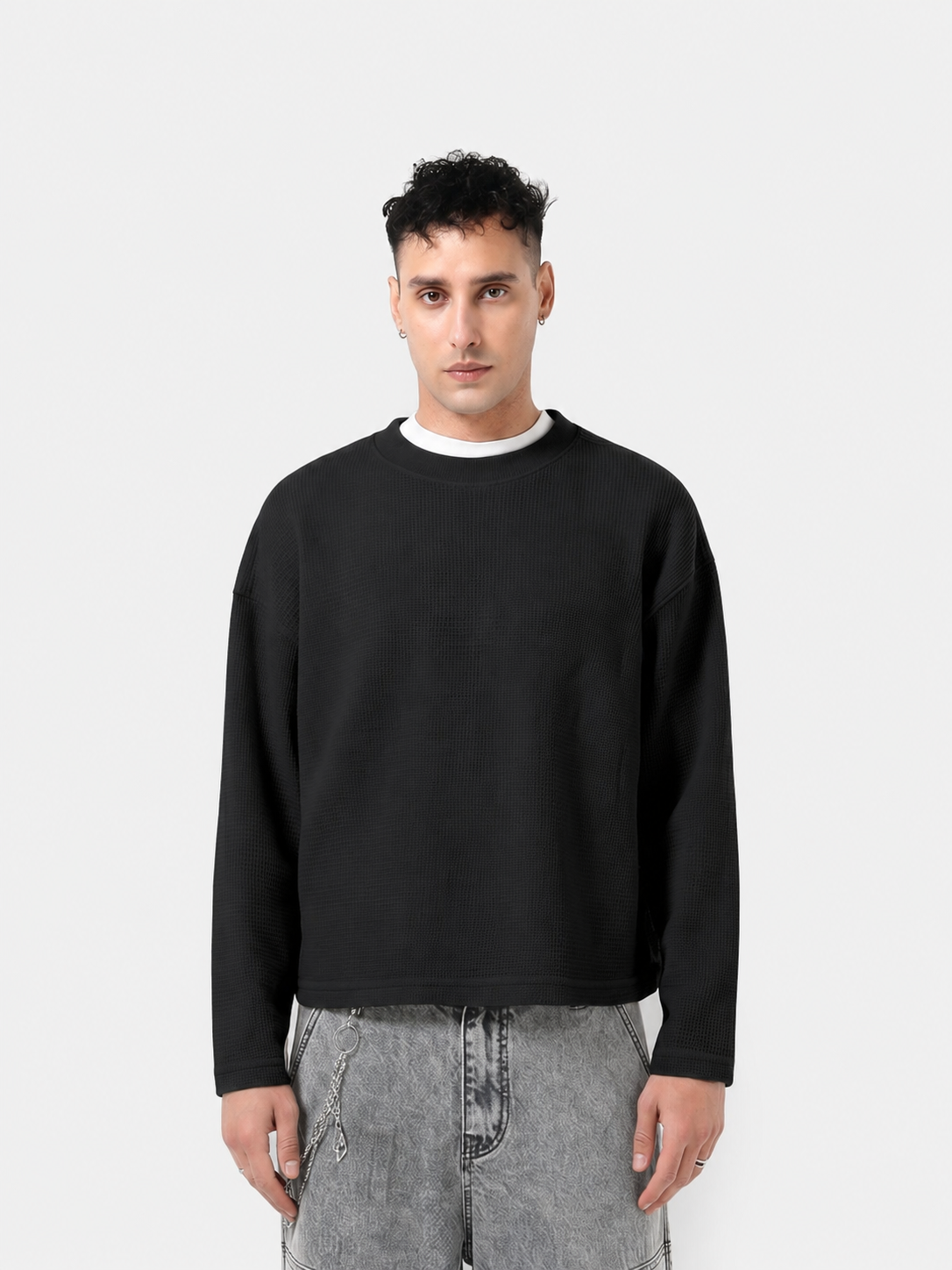 Langarmshirt aus Waffelstrick mit verkürztem Schnitt und Rundhalsausschnitt