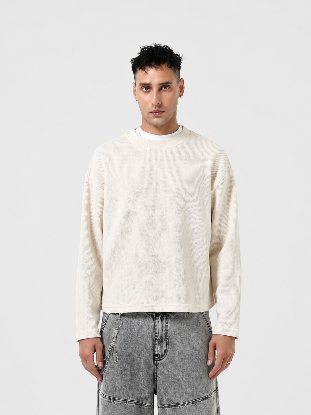 Langarmshirt aus Waffelstrick mit verkürztem Schnitt und Rundhalsausschnitt