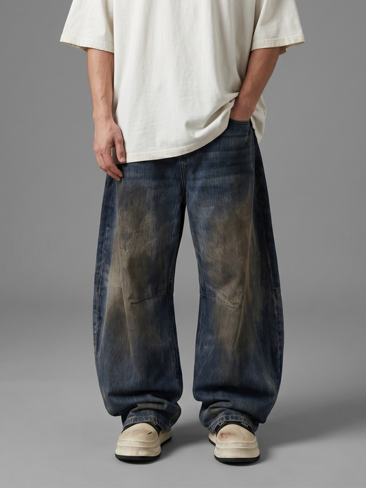Mud Wash Curved Barrel Wide-Leg Denim Jeans
