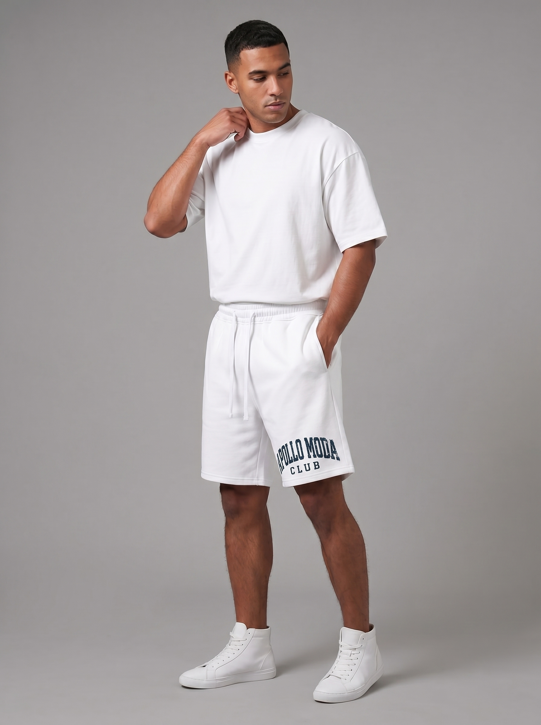 Club Collegiate sweat shorts in white by Apollo Moda, view 3