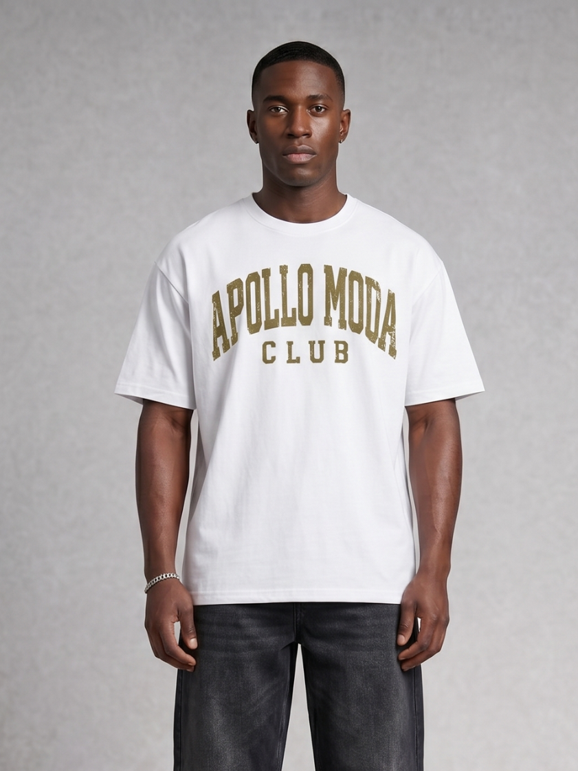 Club Gold Collegiate oversized tee in white by Apollo Moda, view 3