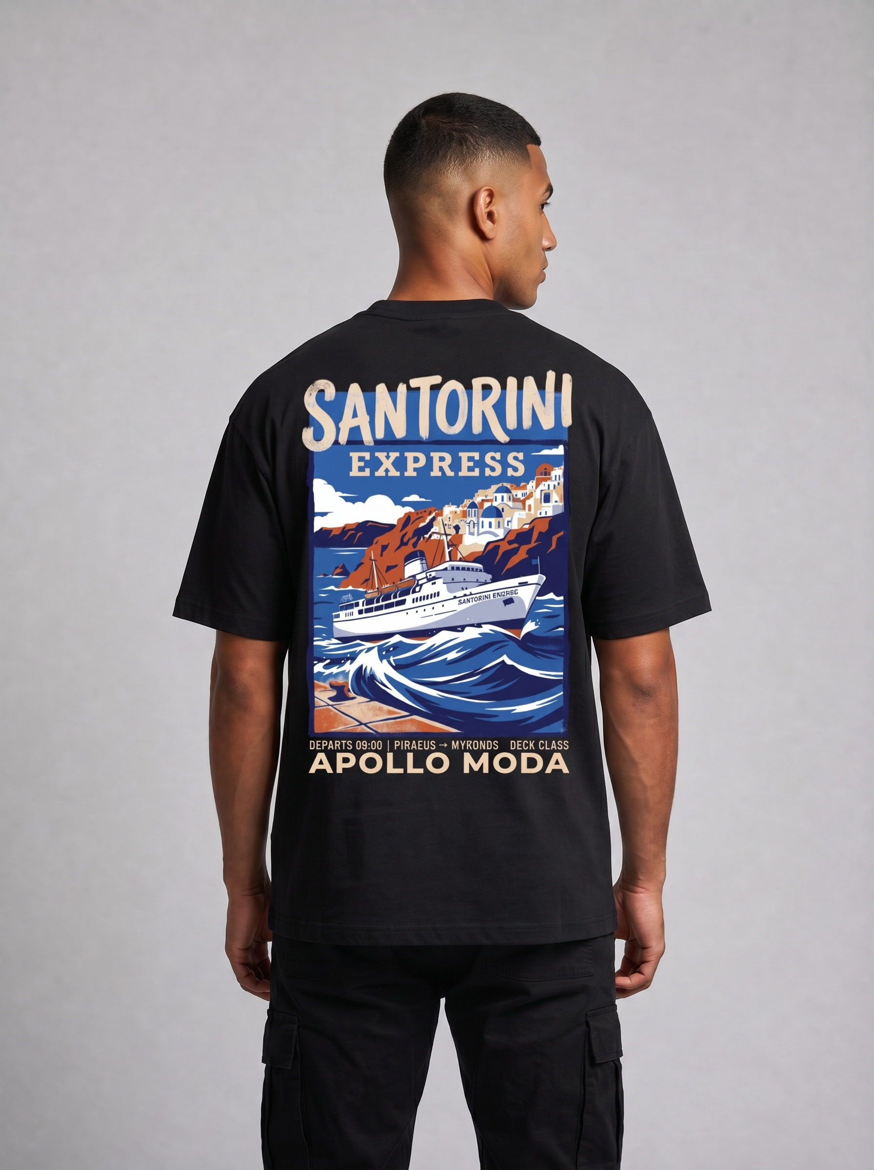 'Santorini Express' Oversized Graphic Tee — Black