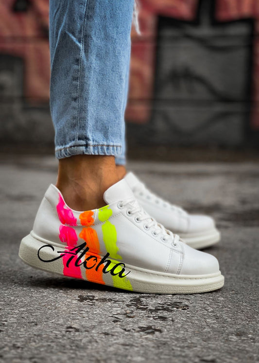 Aloha Three Stripes hand-painted custom sneaker in white by Apollo Moda, view 2